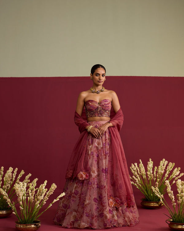 Pink hand embroidered floral lehnga set
