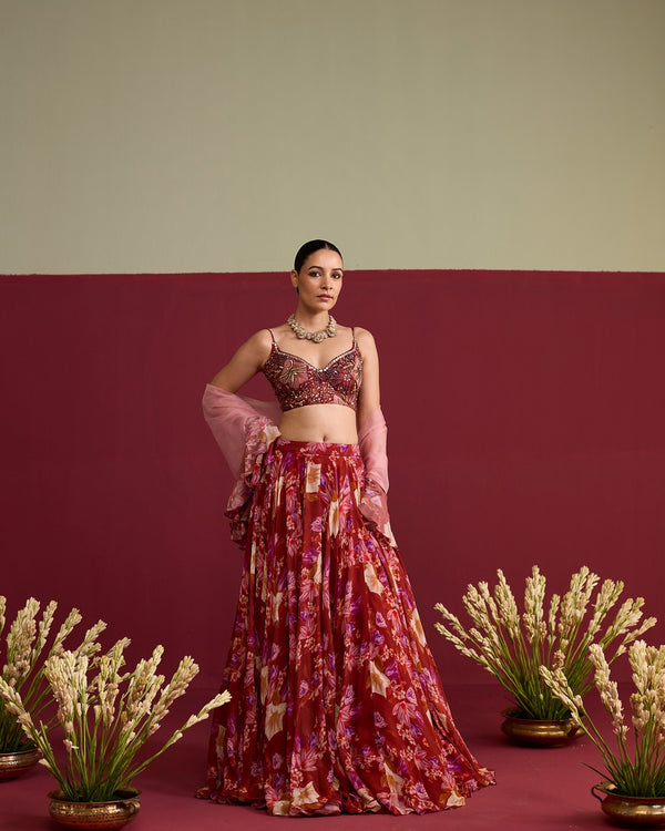 Red hand embroidered floral lehnga set