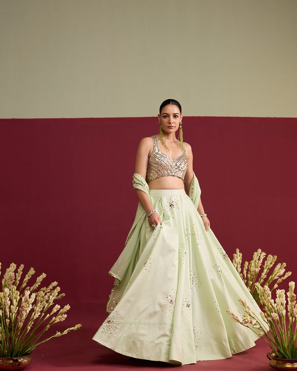 Sage green hand embroidered lehnga set