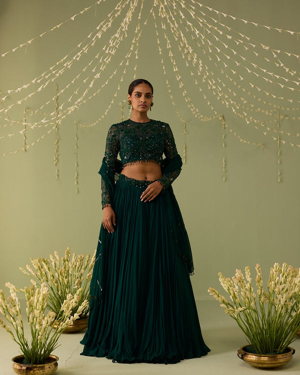Green hand embroidered lehnga set