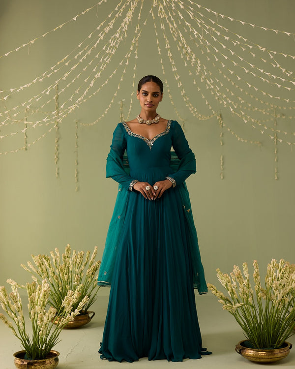 Teal blue hand embroidered anarkali set