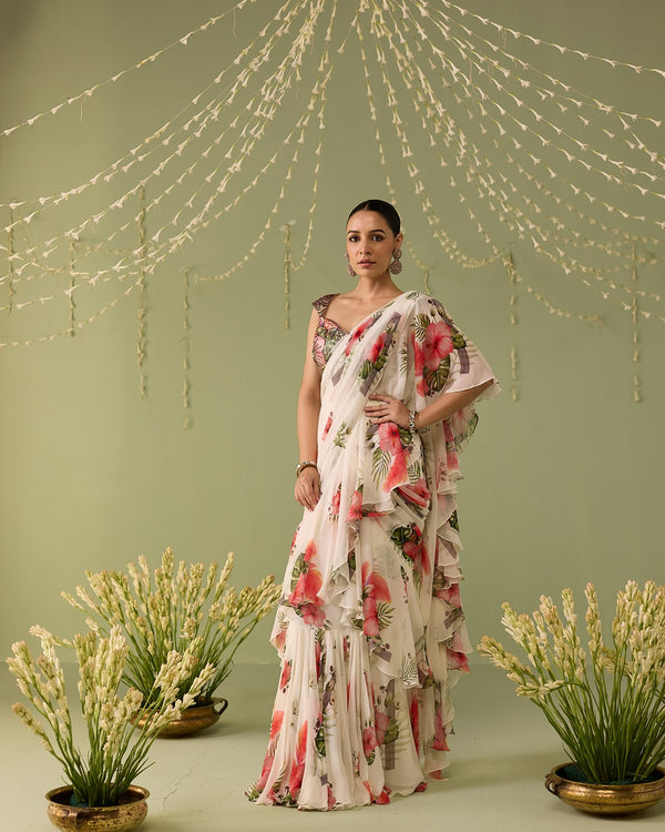 White printed pre-draped saree set