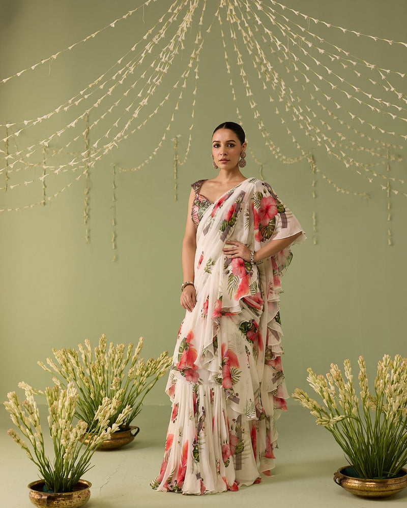 White printed pre-draped saree set