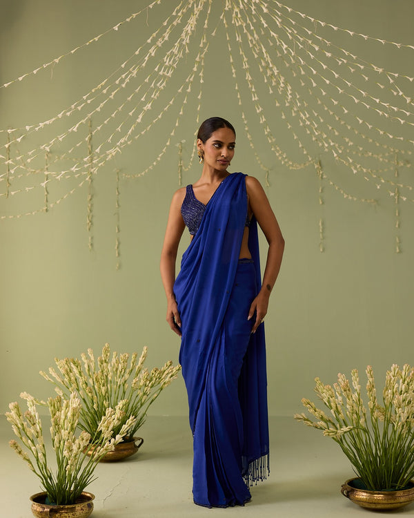 Blue chiffon hand embroidered saree set