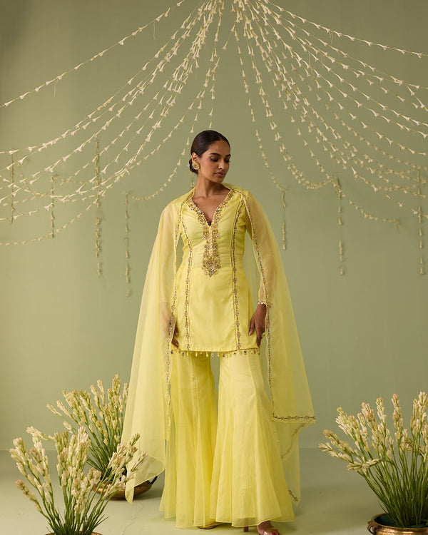 Yellow organza hand embroidered sharara set