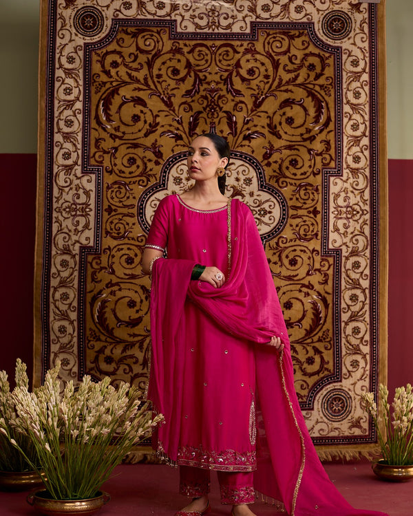 Pink hand embroidered chanderi silk suit set