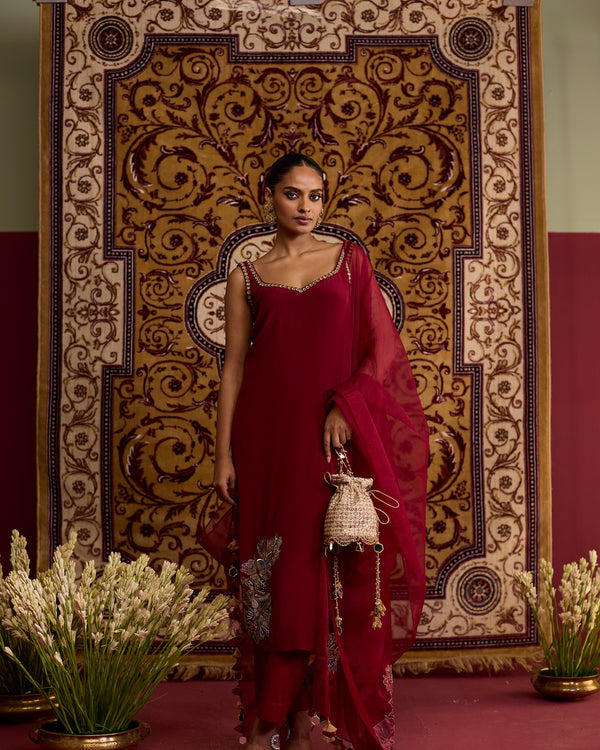 Maroon hand embroidered crepe suit set