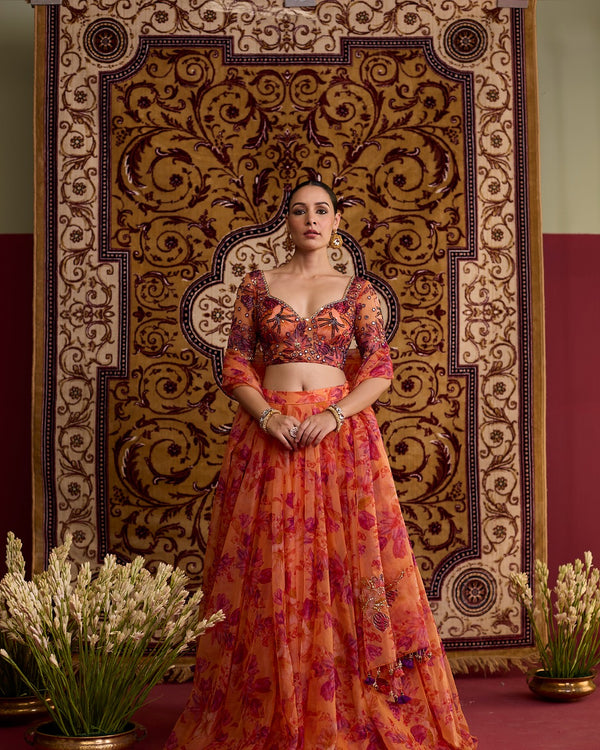 Orange floral organza lehnga set