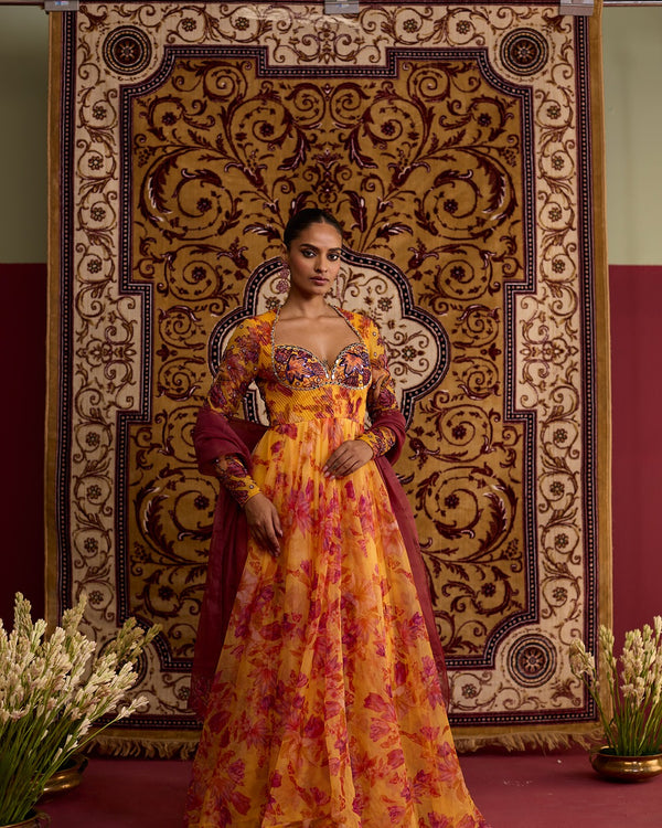 Yellow floral organza hand embroidered anarkali set