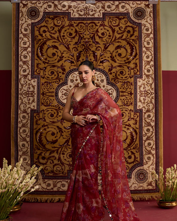 Red floral print organza saree