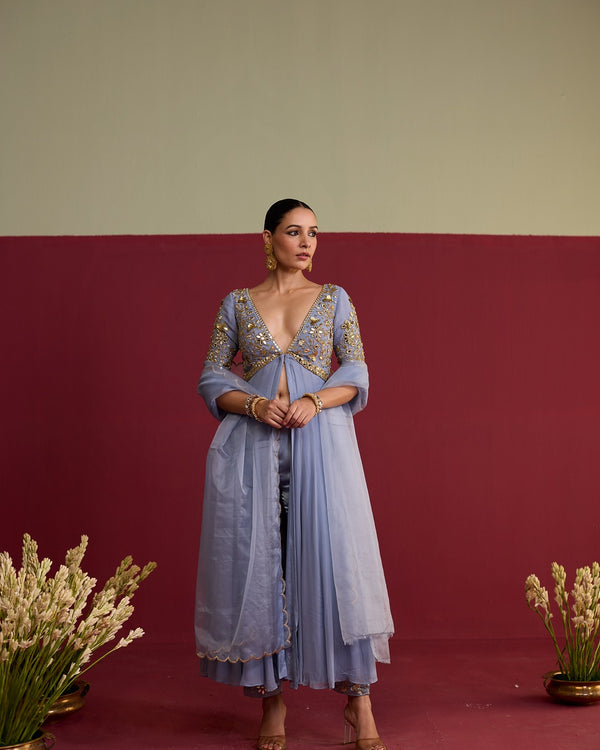 Blue hand embroidered anarkali set