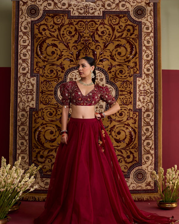 Maroon hand embroidered organza lehnga set