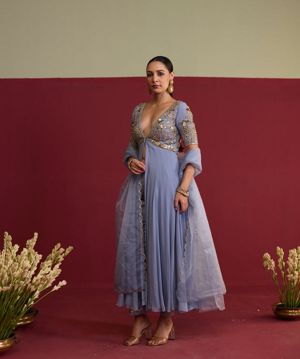 Blue hand embroidered anarkali set