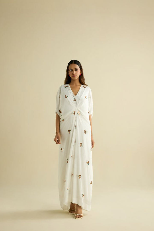 White hand embroidered crepe kaftan