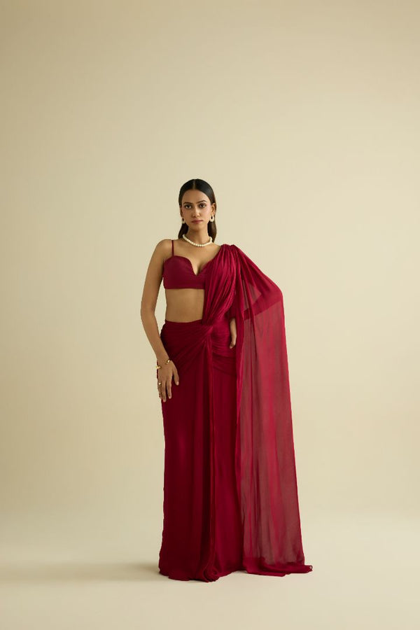 Maroon pre-draped georgette saree set