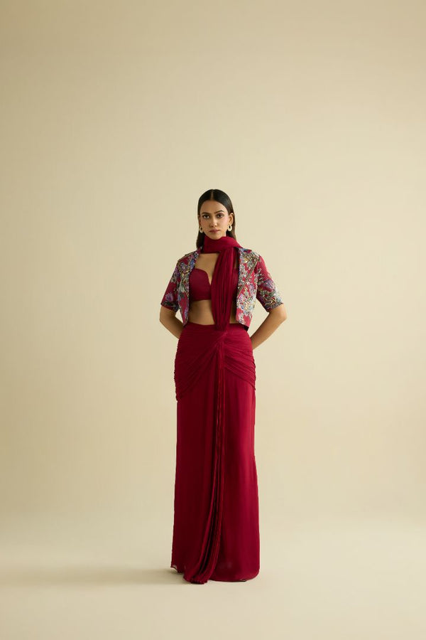 Maroon hand embroidered jacket and saree set