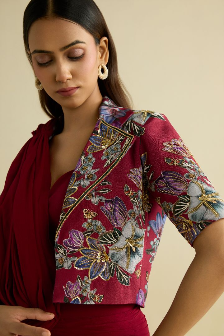 Maroon hand embroidered printed jacket