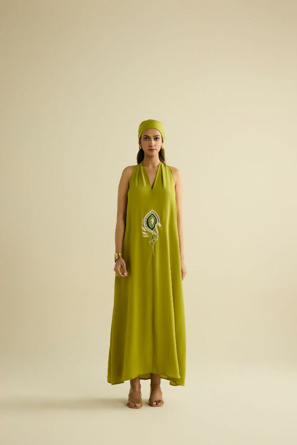 Green hand embroidered maxi dress