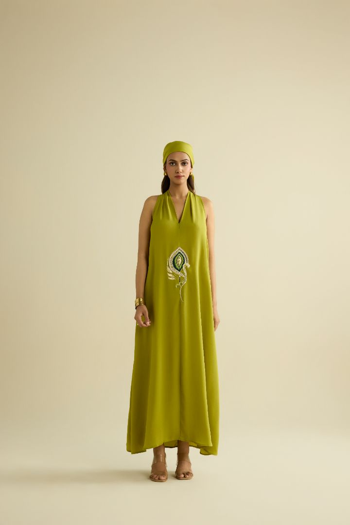 Green hand embroidered maxi dress