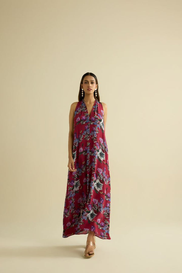 Maroon hand embroidered printed dress