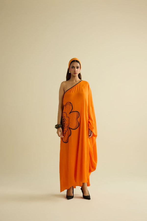 Orange hand embroidered kaftan dress