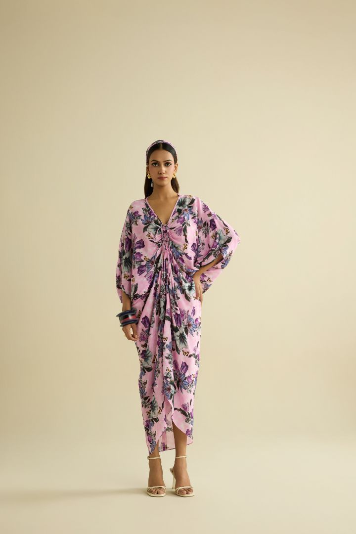 Pink hand embroidered printed kaftan dress