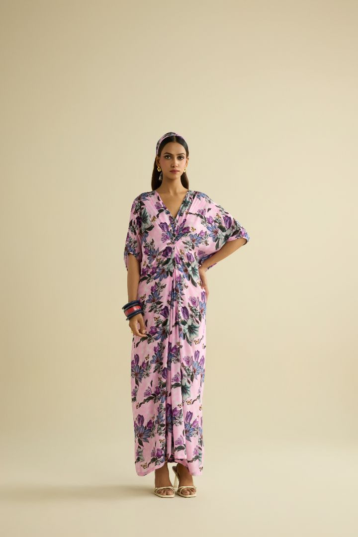Pink hand embroidered printed kaftan dress