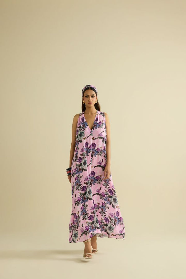 Pink hand embroidered printed dress