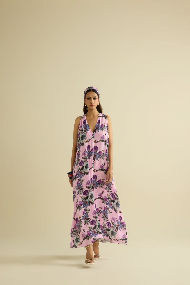 Pink hand embroidered printed dress