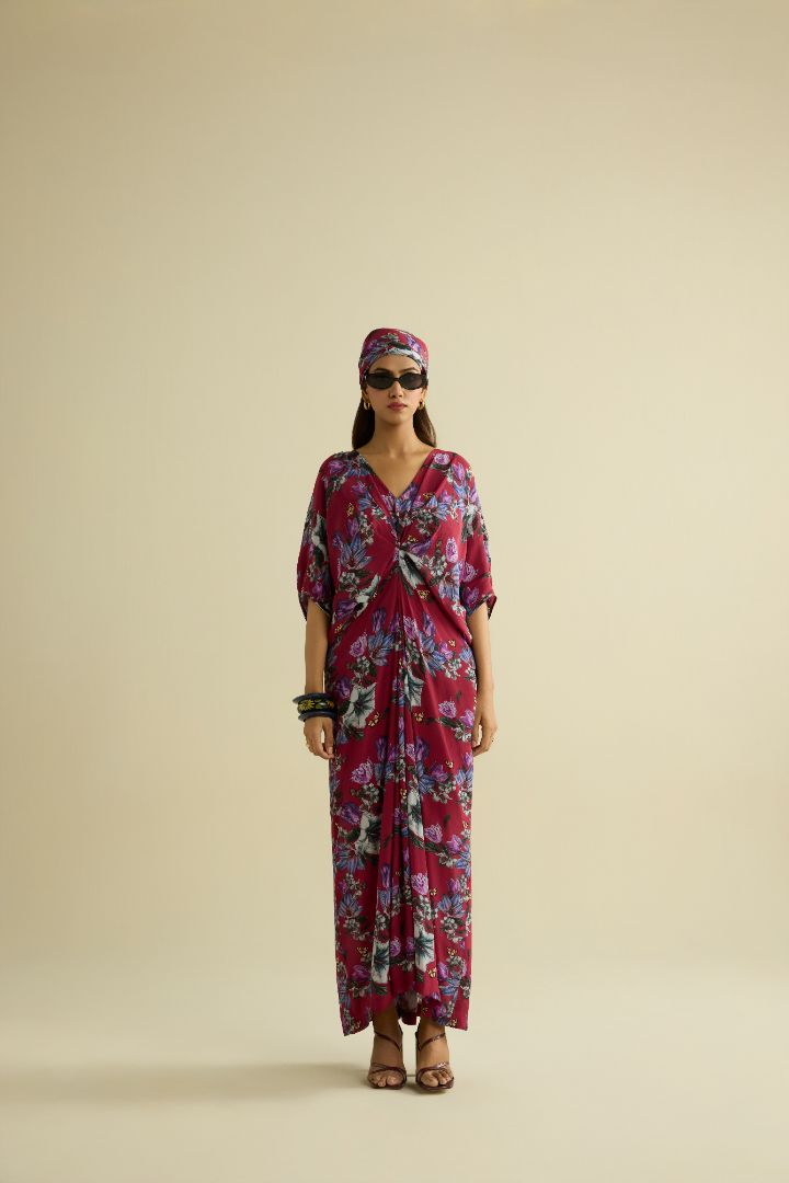Maroon hand embroidered printed kaftan dress
