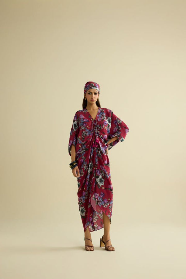 Maroon hand embroidered printed kaftan dress