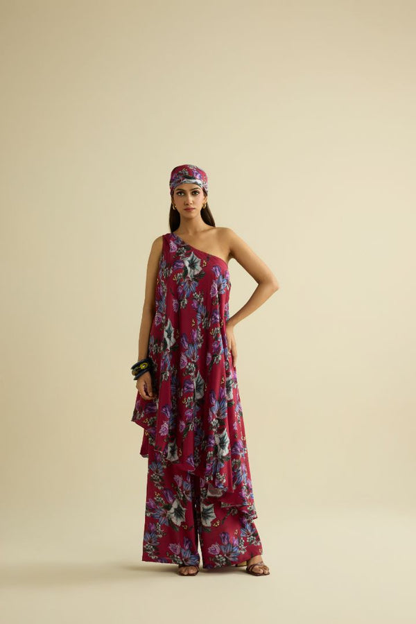 Maroon hand embroidered printed co-ord set