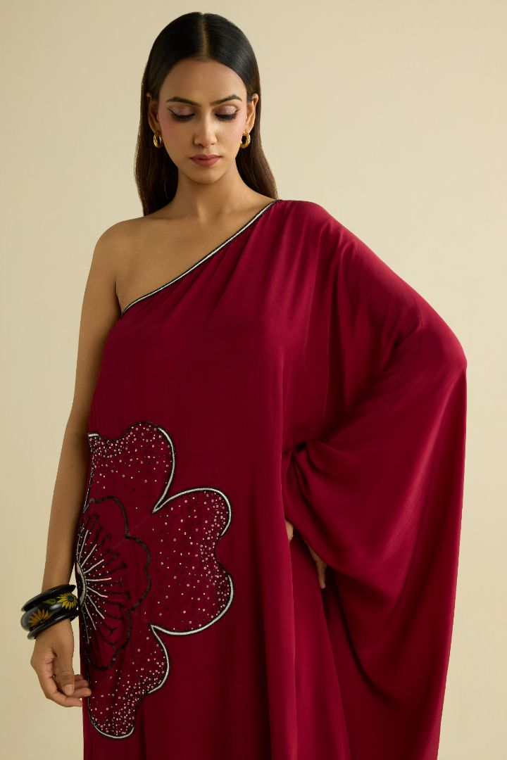 Maroon hand embroidered kaftan dress