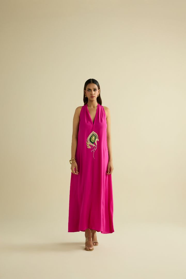 Pink hand embroidered halter dress
