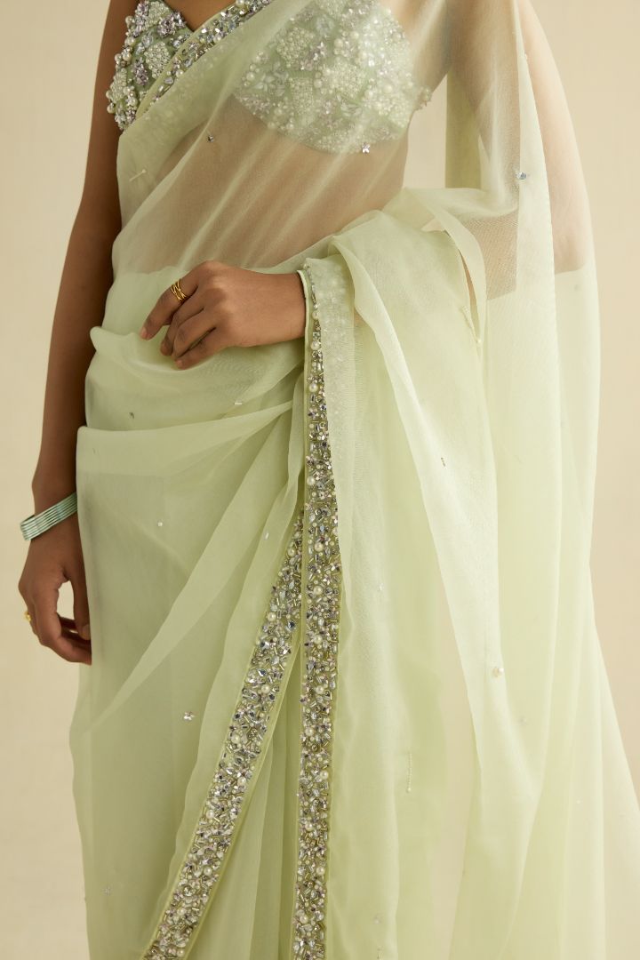 Sage green hand embroidered organza saree set