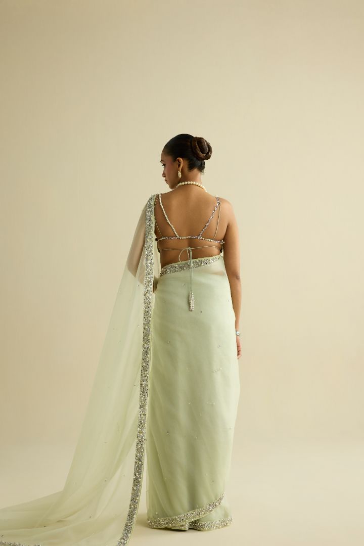 Sage green hand embroidered organza saree set