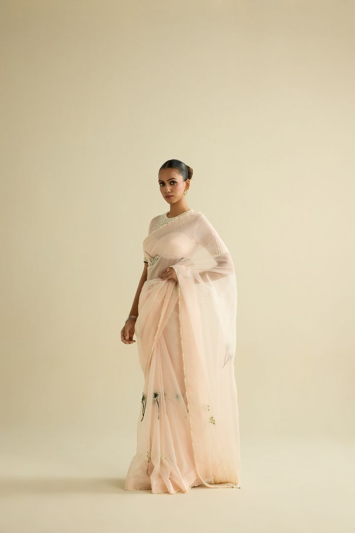 Pink hand embroidered organza saree set