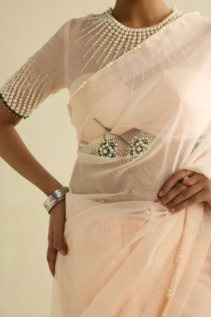 Pink hand embroidered organza saree set