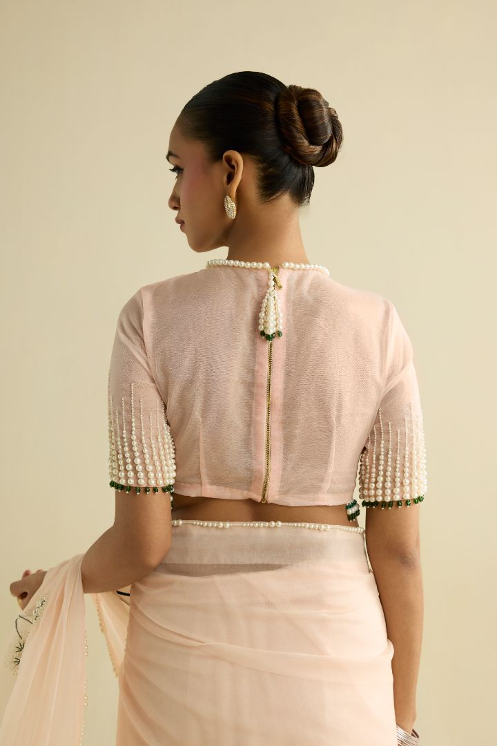 Pink hand embroidered organza saree set