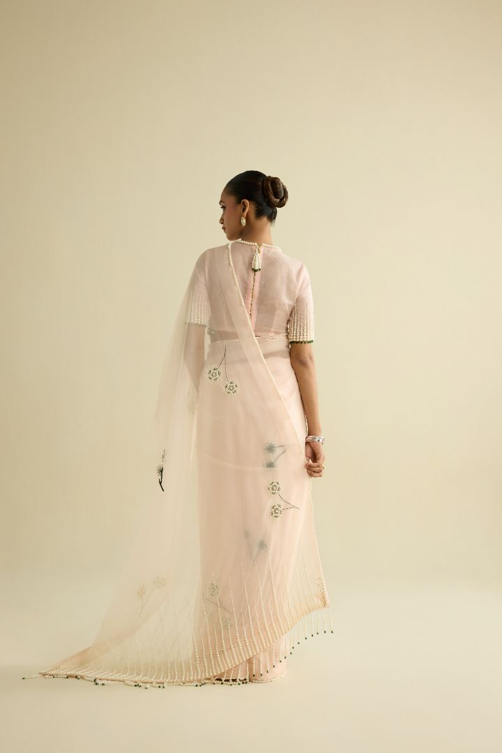 Pink hand embroidered organza saree set