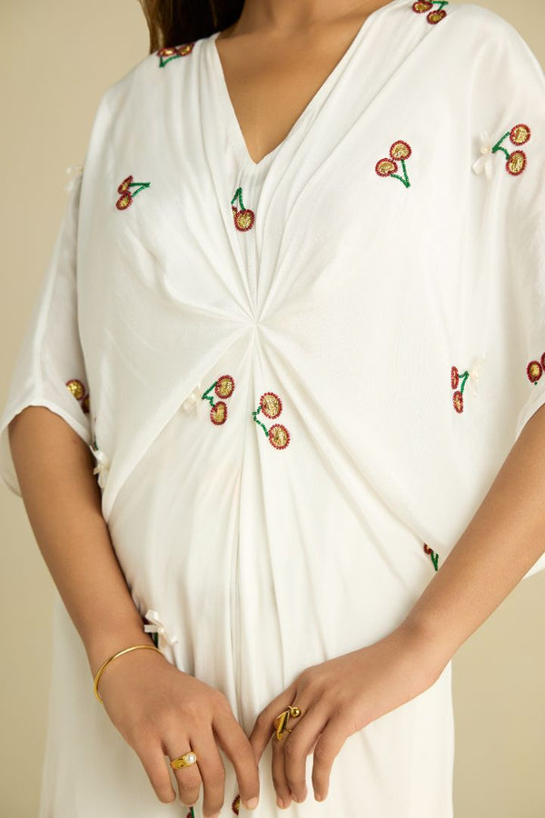 White hand embroidered crepe kaftan