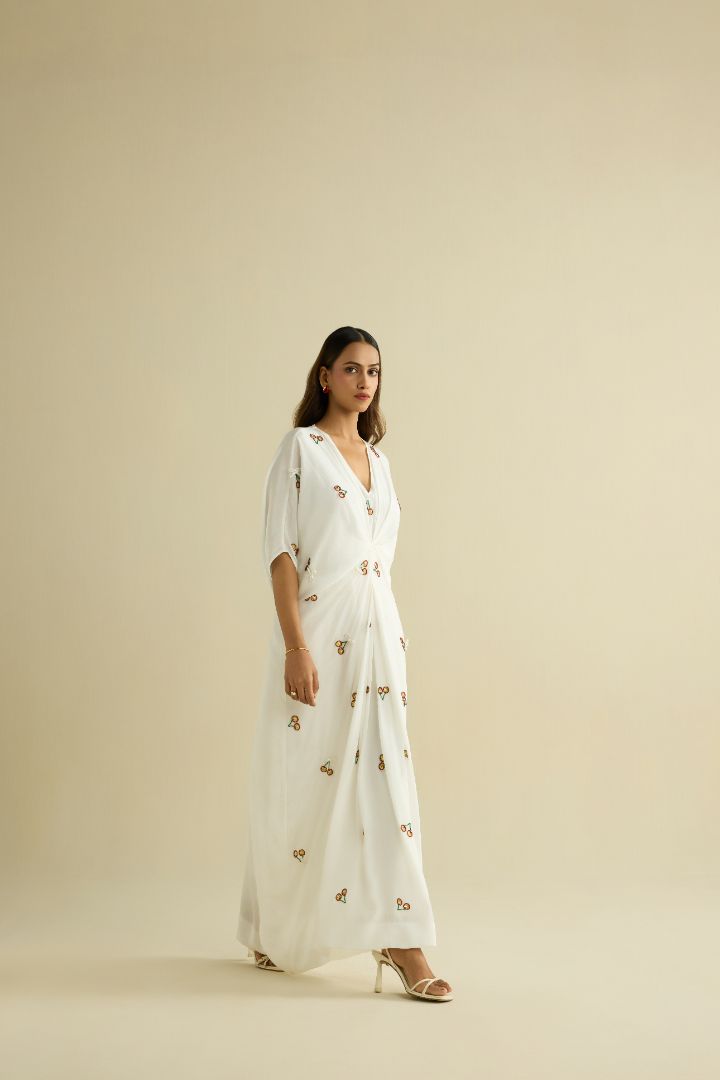 White hand embroidered crepe kaftan