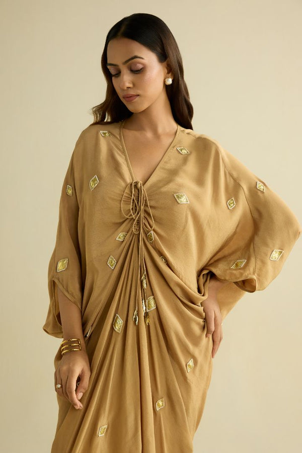 Beige hand embroidered kaftan