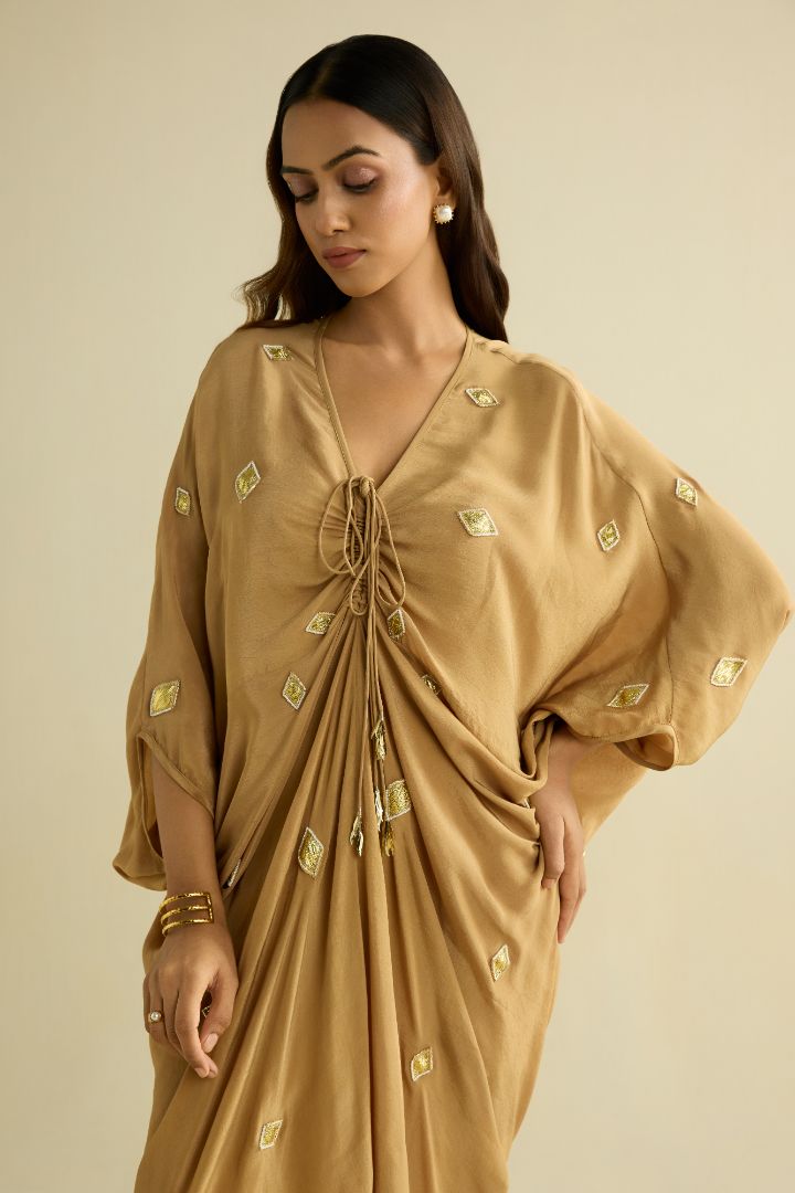 Beige hand embroidered kaftan
