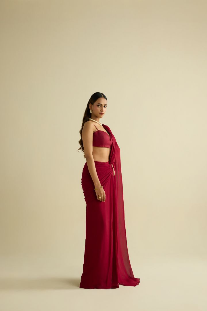 Maroon pre-draped georgette saree set