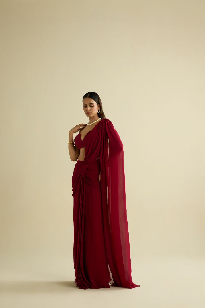 Maroon pre-draped georgette saree set