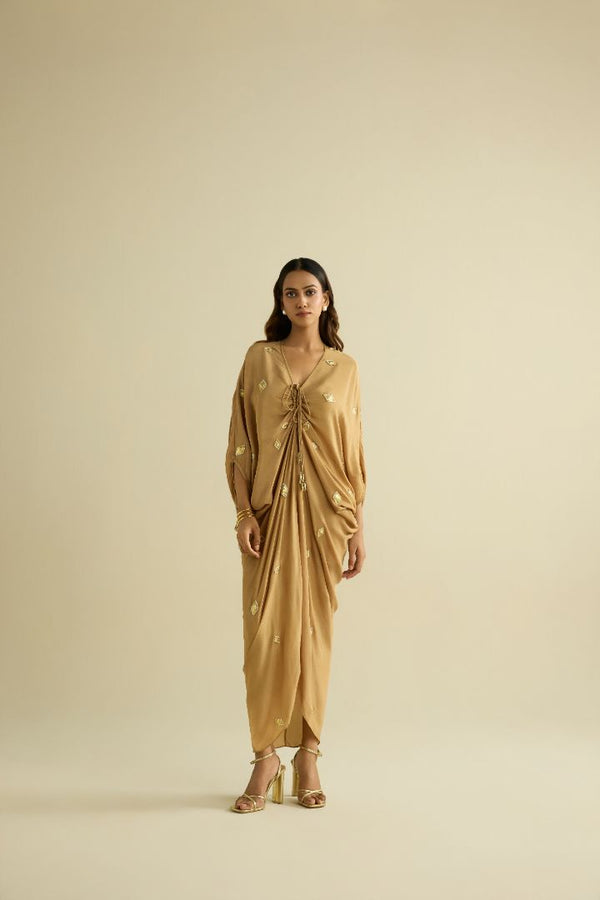 Beige hand embroidered kaftan