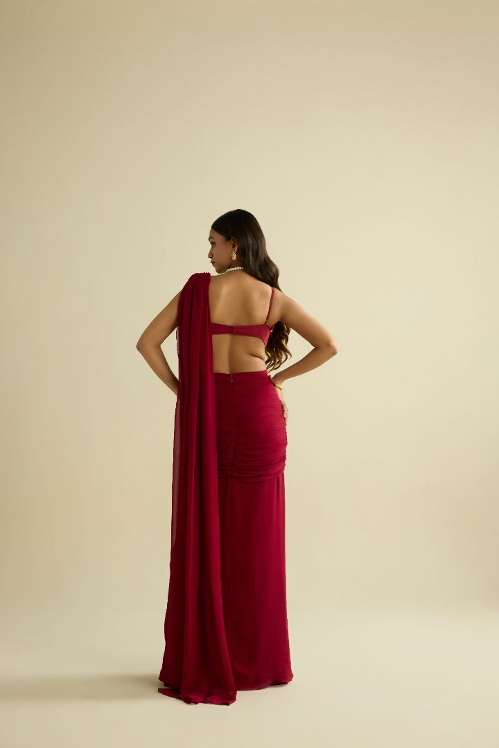 Maroon pre-draped georgette saree set