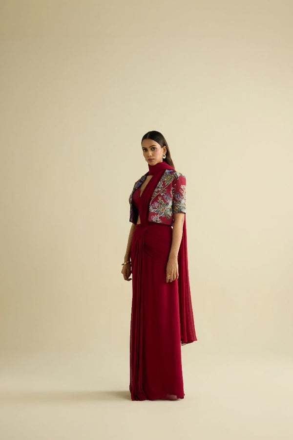 Maroon hand embroidered jacket and saree set