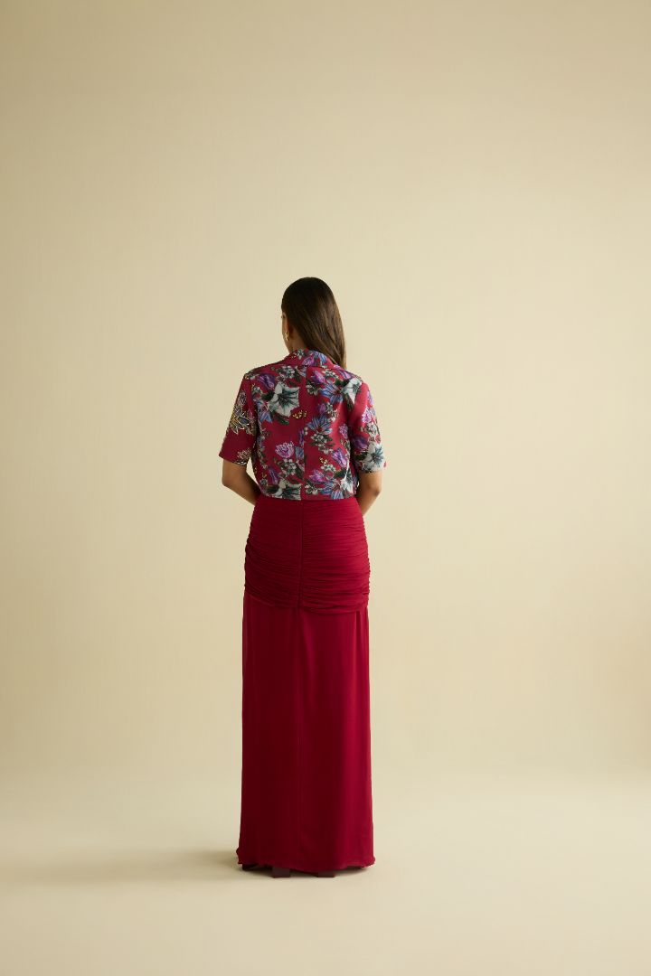 Maroon hand embroidered jacket and saree set